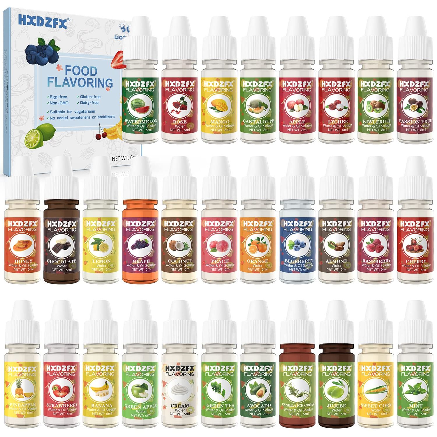 Food Flavoring Oil - 30 Liquid Concentrated Food Flavour Oil for Baking, Cooking - Lip Gloss Flavouring Oil for Lip Balm, Cosmetics, Drink, Soap Making - Water &amp; Oil Soluble(6ml Bottles)