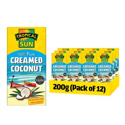 Tropical Sun Creamed Coconut 200g Pack of 12 100% Pure Desiccated Coconut Block Rich & Creamy Texture for Curries, Soups, Desserts & Baking Vegan & Gluten-Free No Additives or Preservatives