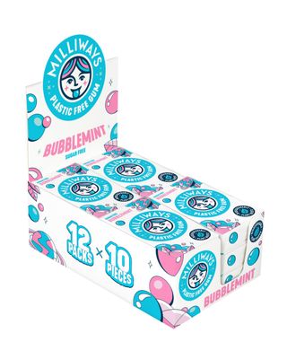 Milliways Bubblemint Chewing Gum, Plastic Free, Sugar Free, Aspartame Free, Natural 12 Packs of 10 Pieces (120 Pieces Total) Xylitol, Plant-Based, Biodegradable