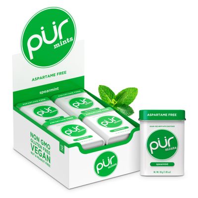 PUR Aspartame Free Mints, Made with Xylitol, Sugar Free, Vegan, Gluten Free and Keto Friendly, Natural Spearmint Flavoured Mints, 30 Pieces, Pack of 12