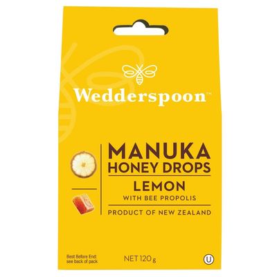 Wedderspoon Lemon &amp; Manuka Honey Drops - 20 Count Made in New Zealand with Authentic Manuka Honey No Additives, Gluten-Free, Non-GMO, Kosher
