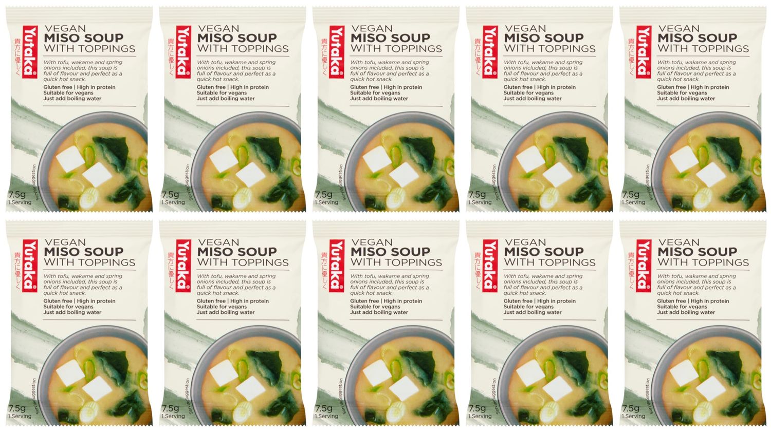 Yutaka - Instant Vegan Miso Soup with Toppings, 7.5g, Pack of 10 - with Spring Onion, Tofu &amp; Wakame Seaweed - Gluten-Free, High in Protein - Vegan-Friendly, Quick &amp; Easy to Prepare