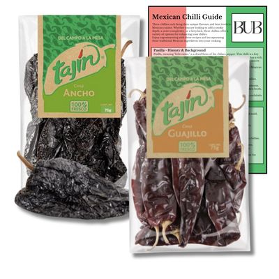 BUB Mexican Chilli Gift Pack - 2-Pack of 75g Tajin Dried Mexican Chillies: Guajillo and Ancho - with included Sauce Recipes &amp; Chilli Guide (2 Pack)
