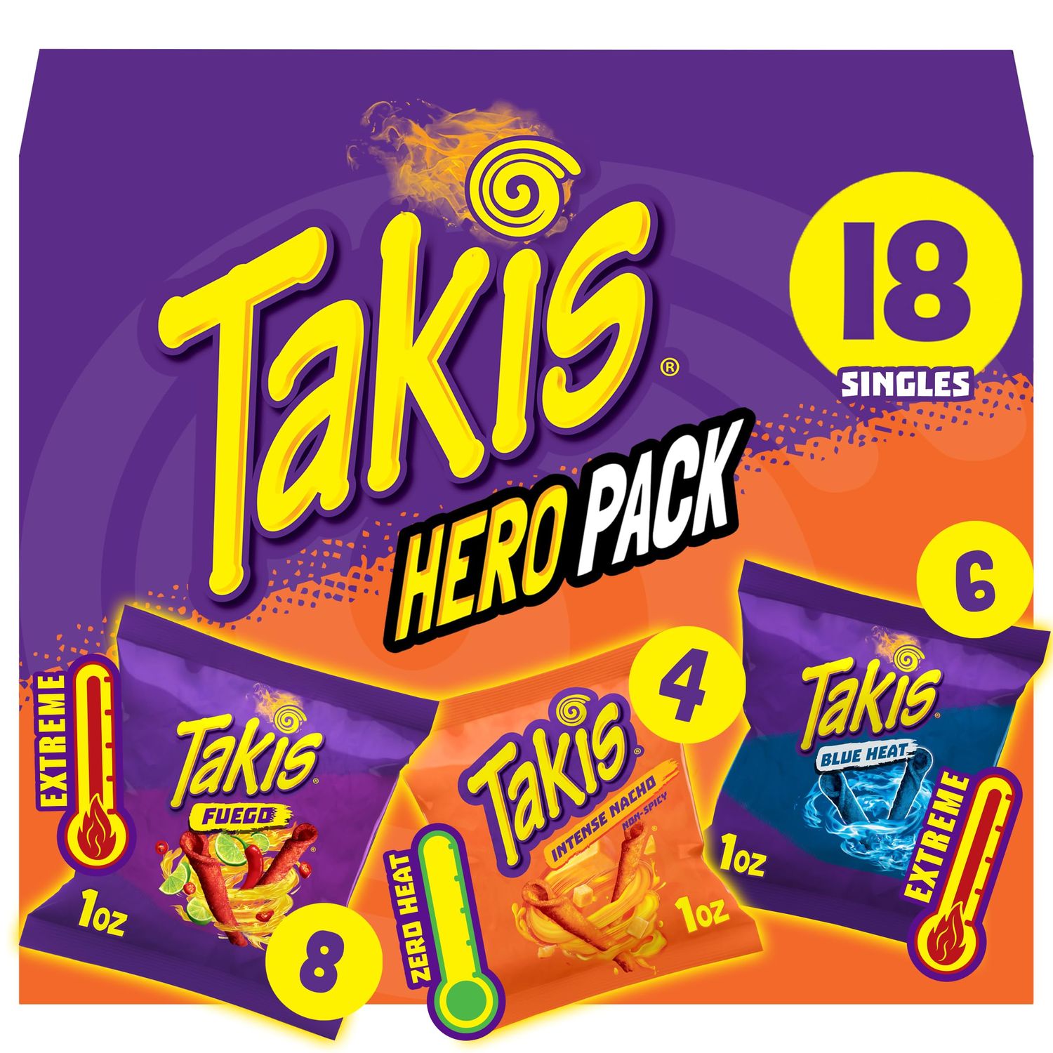 Takis 18 pc / 1 oz Hero Variety Pack, Assorted Flavored Mixed Rolled Tortilla Chips - (8) Fuego 1 oz, (6) Blue Heat 1 oz, (4) Intense Nacho 1 oz