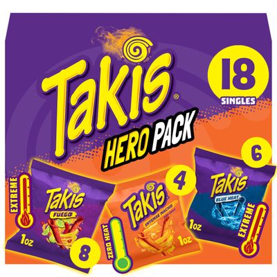 Takis 18 pc / 1 oz Hero Variety Pack, Assorted Flavored Mixed Rolled Tortilla Chips - (8) Fuego 1 oz, (6) Blue Heat 1 oz, (4) Intense Nacho 1 oz