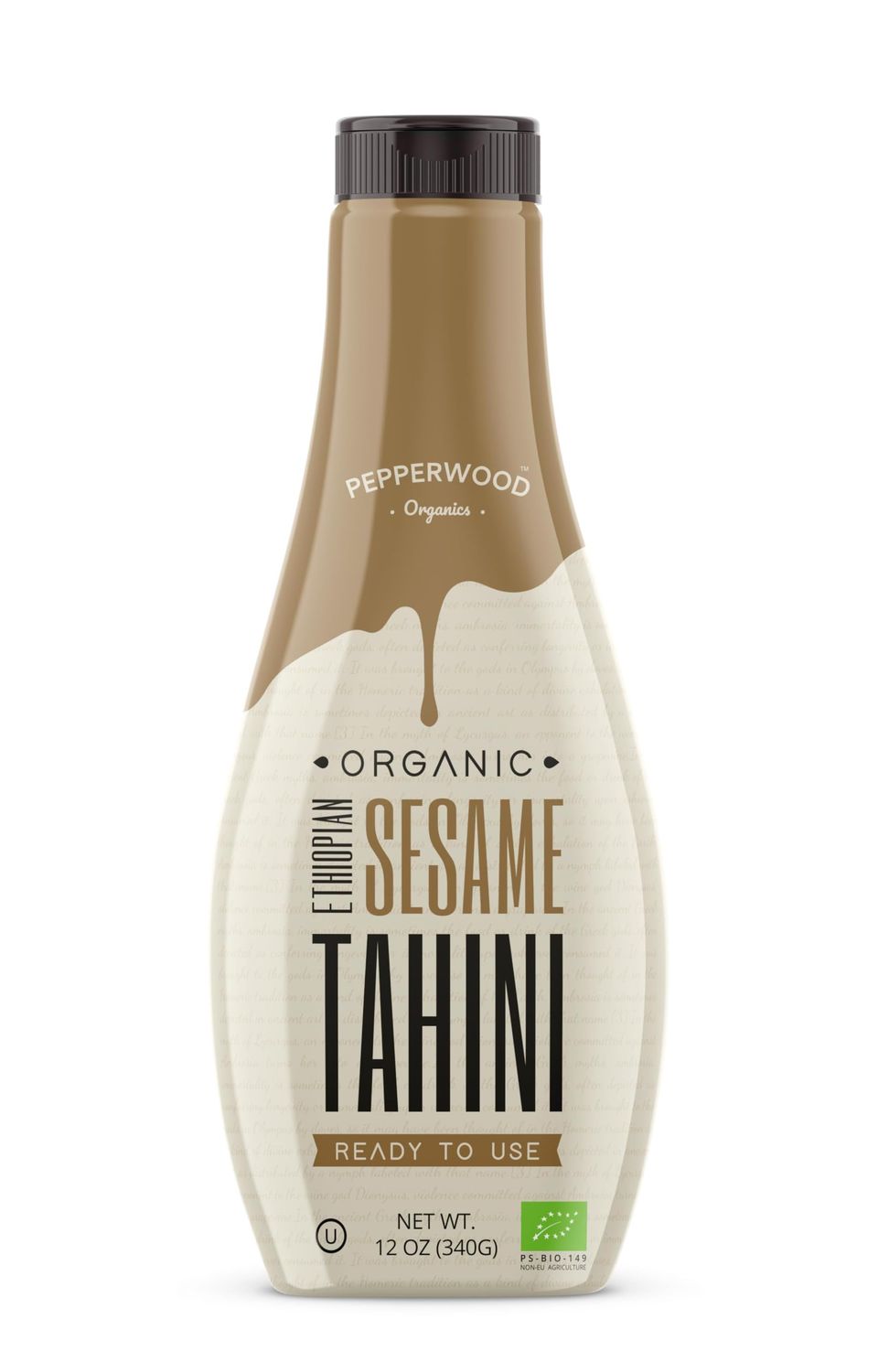Organic Ethiopian Sesame Tahini 340g - Squeezable Creamy &amp; Ready Tahini Paste - Hulled, Unsalted, Non-GMO, Gluten-Free, Peanut-Free, by Pepperwood Organics