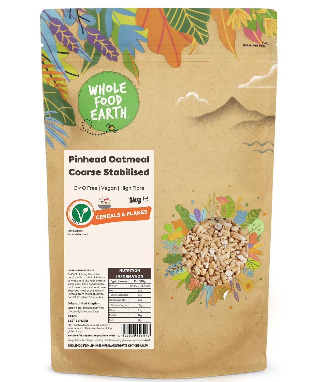 Whole Food Earth Pinhead Oatmeal Coarse Stabilised 3 kg
