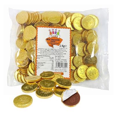 Milk Chocolate Coins for Kids - Solid Chocolate Gold Foiled Coins in 1kg Sweets Bulk with Topline Card. Great fot Chocolate Hamper, Stocking Fillers, Christmas Gifts or Birthday Party Bag Fillers