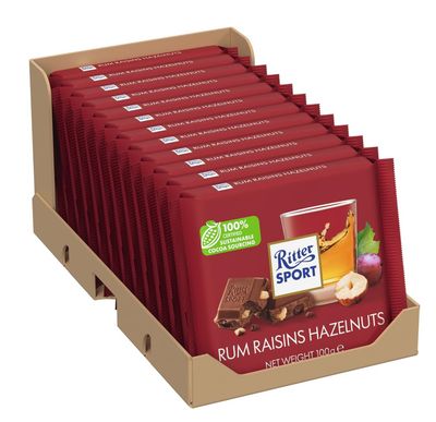 Ritter Sport Rum Raisins and Hazelnuts Chocolate Bar, 100g, Case of 12, Chocolate Sharing Bar