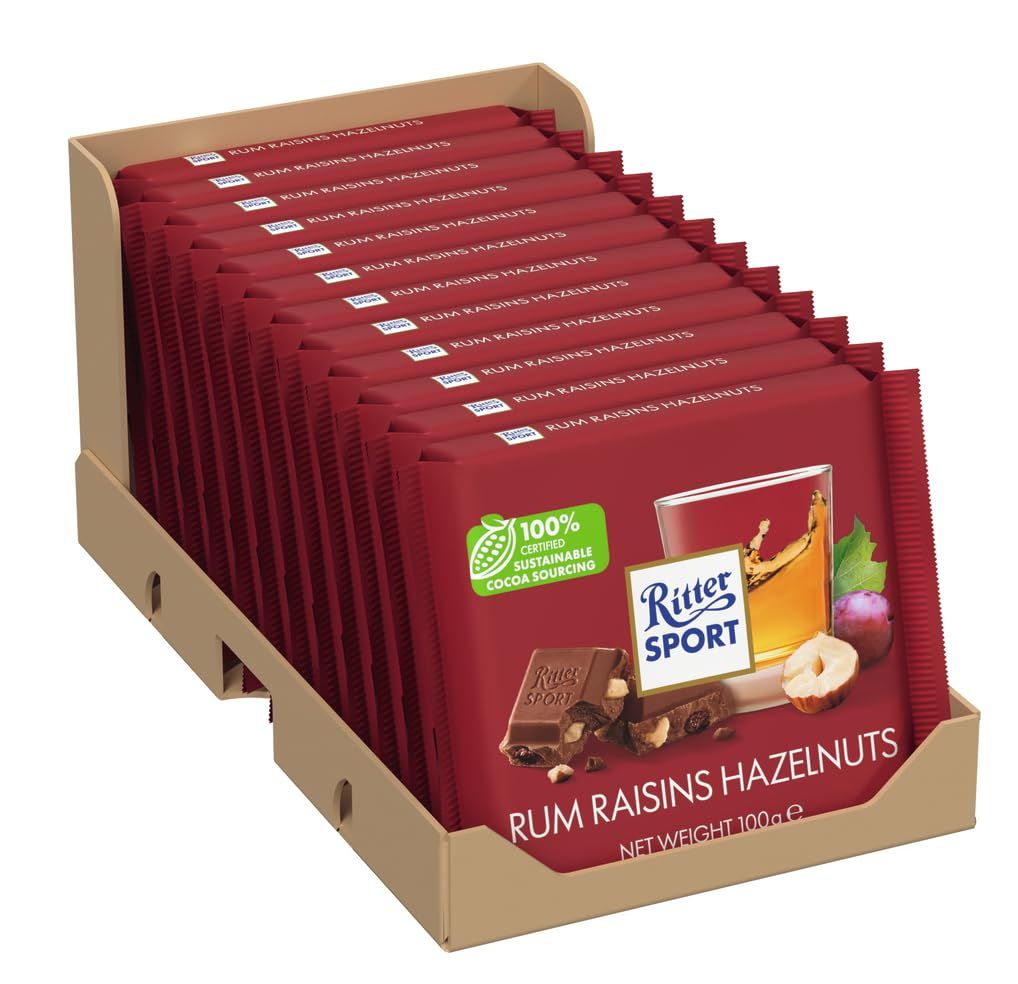Ritter Sport Rum Raisins and Hazelnuts Chocolate Bar, 100g, Case of 12, Chocolate Sharing Bar