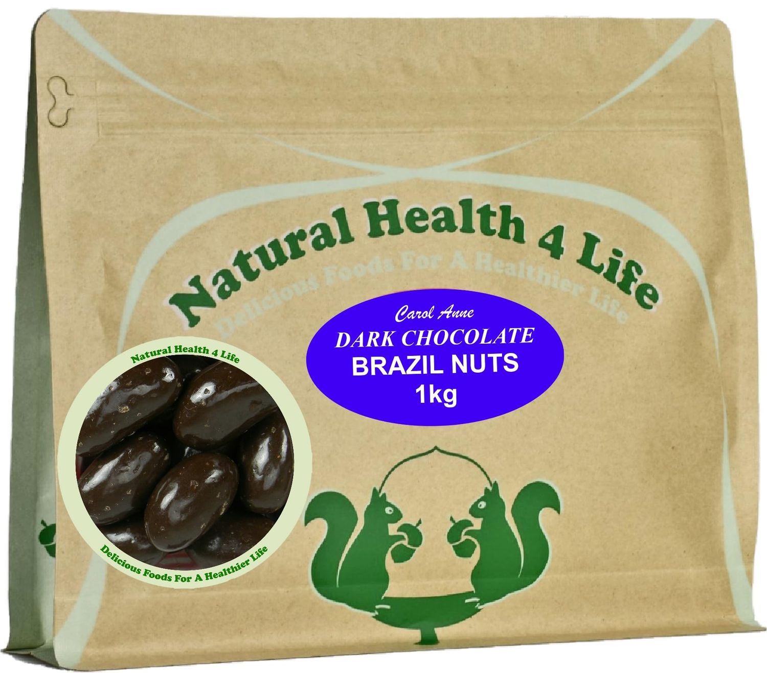 Natural Health 4 Life Carol Anne Confectionery Dark Chocolate Brazil Nuts 1kg - Chocolate Covered Brazil Nuts in Resealable Pouch, 7.6g Protein/100g, Snack for Parties, Baking, Events (Pack of 1)