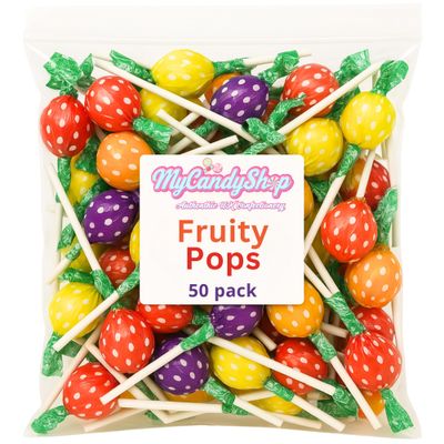Swizzles Fruity Pops Lollies - 50 Retro British Lollipops - Vegan Sweets Strawberry, Lemon, Orange & Blackcurrant Flavours - Individually Wrapped Lolly Pops for Parties, Gifts & Snacking