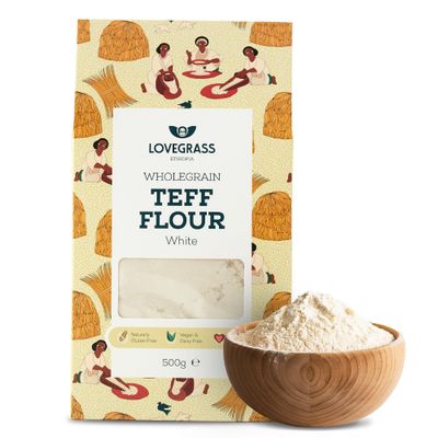 Lovegrass Ethiopia Habesha White Teff Flour 500g Gluten Free Vegan, High Protein, Vitamins & Minerals Great for Baking Including the Traditional Injera Flatbread