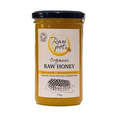RAW POT - ORGANIC RAW HONEY - Natural Unpasteurised Pure Honey Rich in Antioxidants, Vitamins &amp; Minerals, Probiotics for Digestive Health, Immunity, Energy Support External Use for Skin Care (350g)