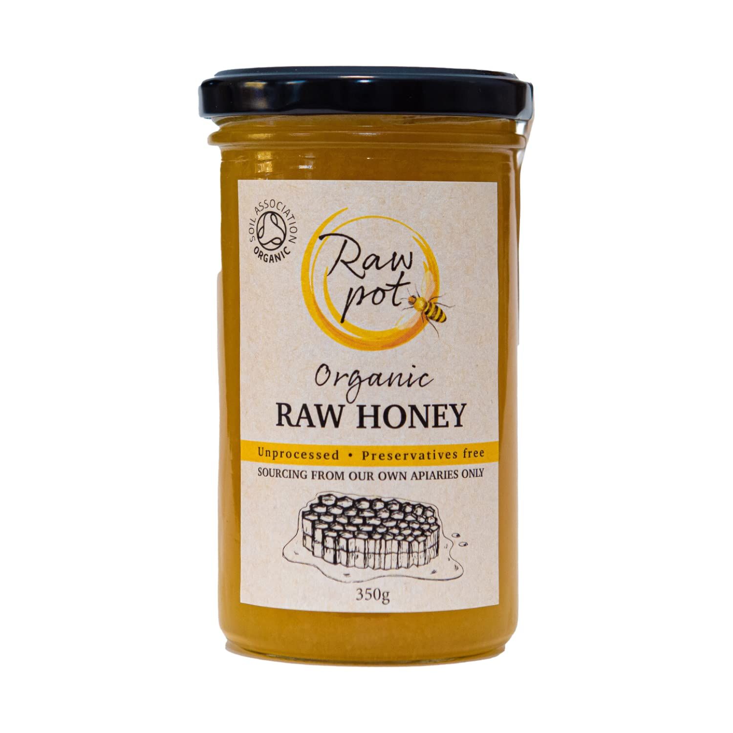 RAW POT - ORGANIC RAW HONEY - Natural Unpasteurised Pure Honey Rich in Antioxidants, Vitamins &amp; Minerals, Probiotics for Digestive Health, Immunity, Energy Support External Use for Skin Care (350g)