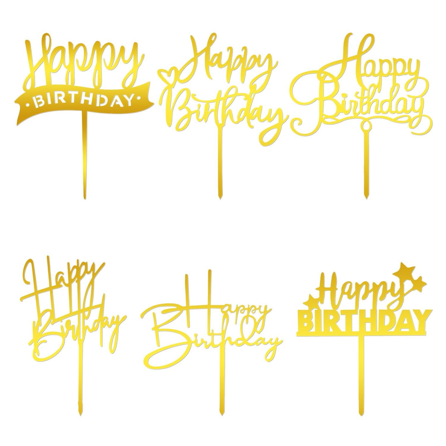 6 Pcs Gold Happy Birthday Sign - Acrylic Cake Toppers - Personalized Golden Cupcake Toppers - Cake Decor Supplies