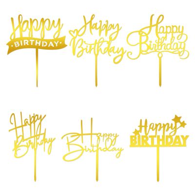 6 Pcs Gold Happy Birthday Sign - Acrylic Cake Toppers - Personalized Golden Cupcake Toppers - Cake Decor Supplies
