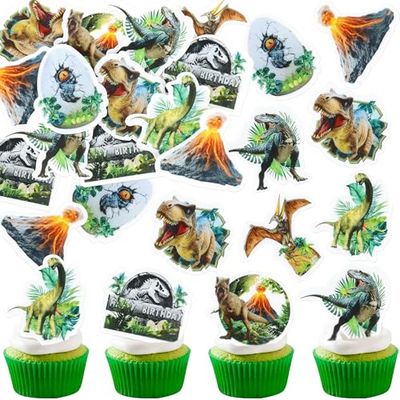 Blumomon 48Pcs Pre-Cut Edible Dinosaur Cupcake Toppers Edible Dinosaur Happy Birthday Cupcake Decoration Dinosaur Theme Birthday Cake Decorations Baby shower Party Decoration