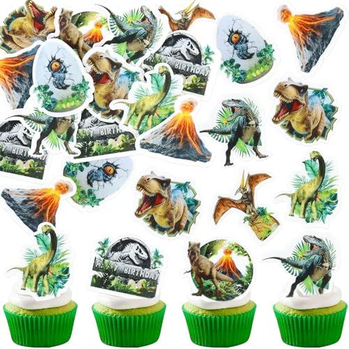 Blumomon 48Pcs Pre-Cut Edible Dinosaur Cupcake Toppers Edible Dinosaur Happy Birthday Cupcake Decoration Dinosaur Theme Birthday Cake Decorations Baby shower Party Decoration