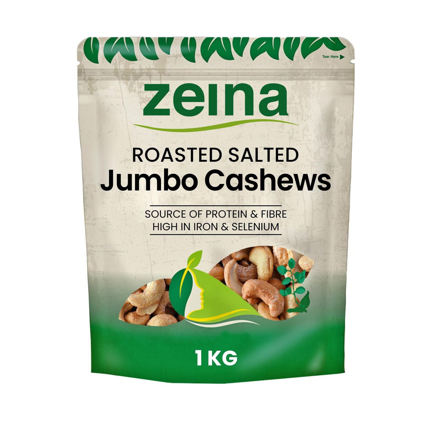 Zeina Jumbo Roasted Salted Cashews with Fibre, Protein and Minerals, Naturally Gluten Free and Vegan Approved Premium Healthy Snack - 1 x 1Kg