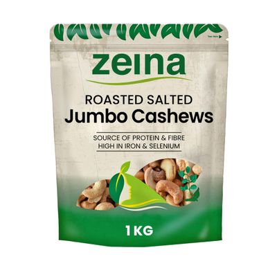 Zeina Jumbo Roasted Salted Cashews with Fibre, Protein and Minerals, Naturally Gluten Free and Vegan Approved Premium Healthy Snack - 1 x 1Kg