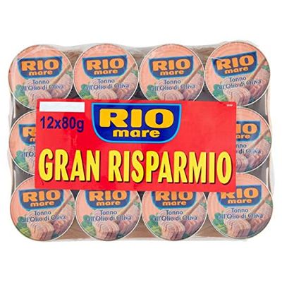 Rio Mare: Set of 12 Cans of Tuna Fish in Olive Oil, Yellowfin Tuna Quality Pack of 12, 80g (2.82oz) Each 960g (33.86oz) Total