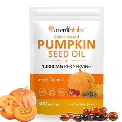 Pumpkin Seed Oil Capsules, Cold Pressed Pumpkin Seed Oil for Hair, 3000mg Per Serving, 300 Softgels, Support Urinary Health, Promoting Hair Growth, Skin Elasticity, Non-GMO and Gluten Free