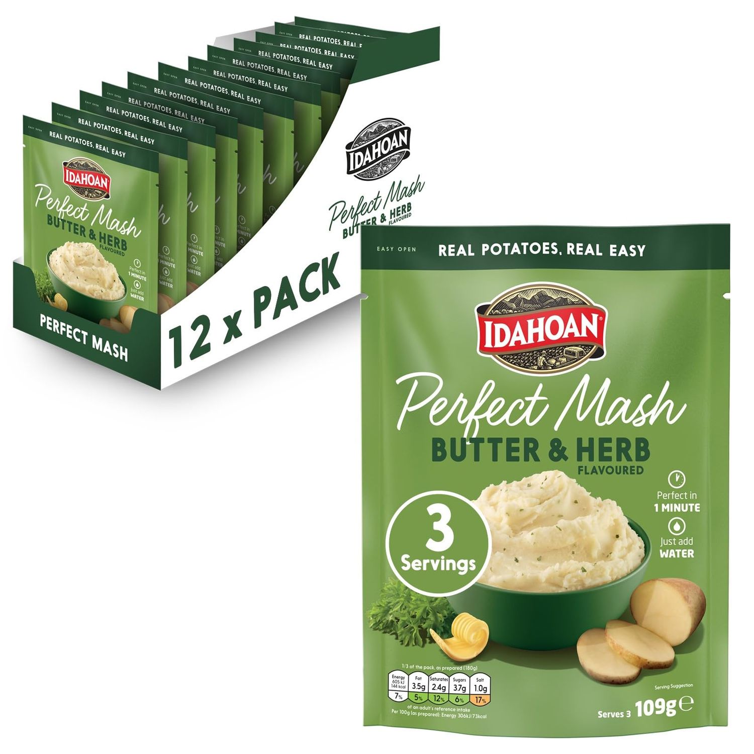 Idahoan Mashed Potato Butter &amp; Herb 109g, Instant Mash Potatoes (Pack of 12)