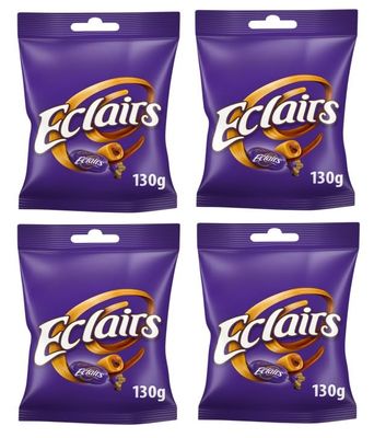 Eclairs Chocolate Bag, Caramels with Milk Chocolate Centres, Delicious Chewy Treats, 130g, Chocolate Sweets, Perfect for Daily Snacks and Gifting, Available for Hampers (4 Bags x 130g)