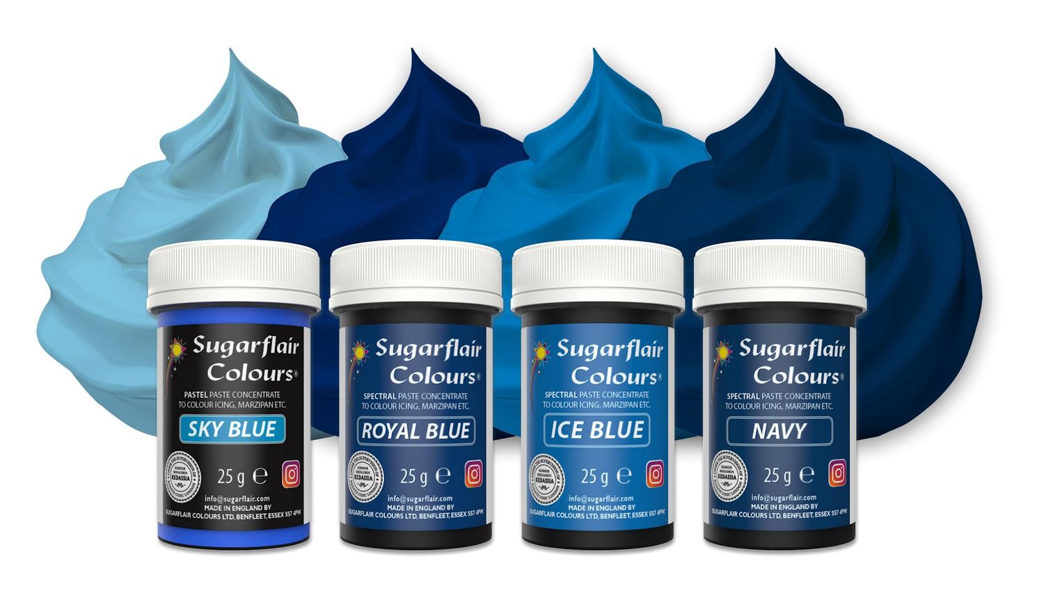 Sugarflair Blue Food Colouring Paste Set 4x 25g - Concentrated Paste Food Dye for Cake Decorating, Fondant, Buttercream, Cake Batter and More - Vegan, Kosher, Bake-Stable