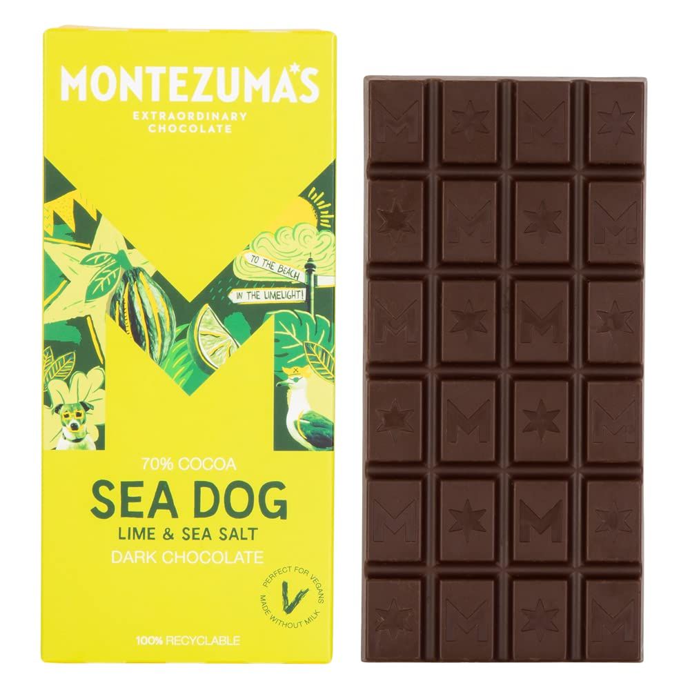 Montezuma's Sea Dog, 70% Cocoa, Dark Chocolate With Sea Salt &amp; Lime, Gluten Free &amp; Naturally Vegan, 90g Bar