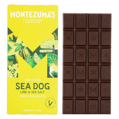 Montezuma's Sea Dog, 70% Cocoa, Dark Chocolate With Sea Salt &amp; Lime, Gluten Free &amp; Naturally Vegan, 90g Bar