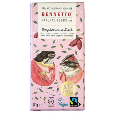 Raspberries in Dark Tangy raspberry pieces in rich dark chocolate. 60% cocoa. Certified organic, Fairtrade, and net climate positive. Beautiful gifts for everyone.