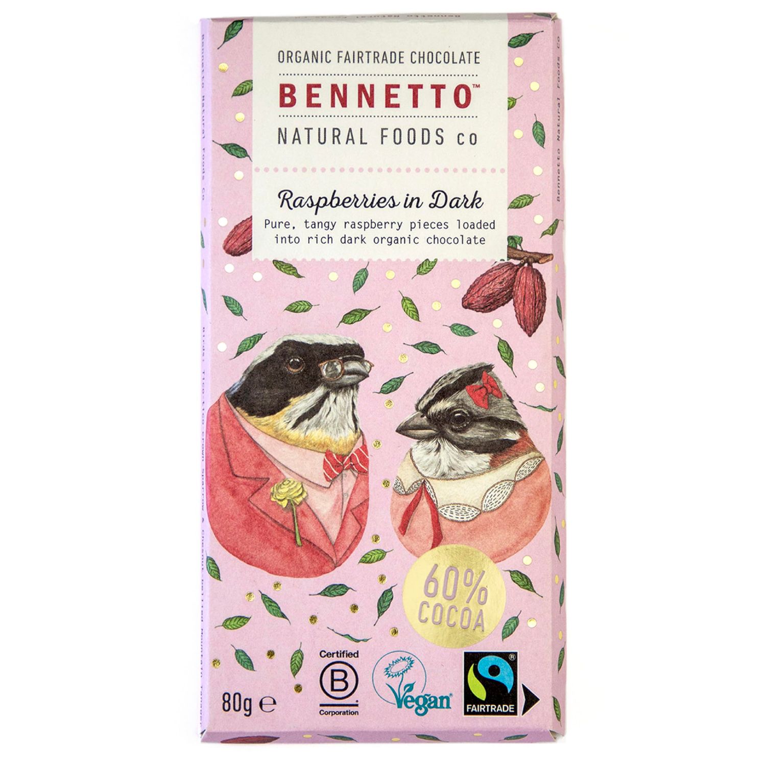 Raspberries in Dark Tangy raspberry pieces in rich dark chocolate. 60% cocoa. Certified organic, Fairtrade, and net climate positive. Beautiful gifts for everyone.
