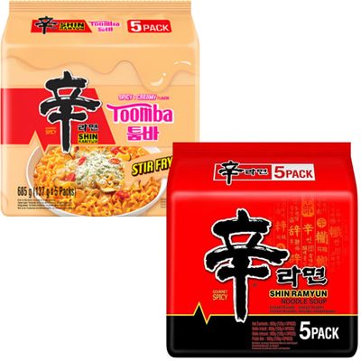 Nongshim Shin Ramyun Korean Noodles Variety Pack of 2 Flavours (10 Packs Total) - Super Spicy & Toomba Creamy Stir-Fry Ramen - Instant Korean Ramen Noodle Multipack for Quick Meals & Snacks