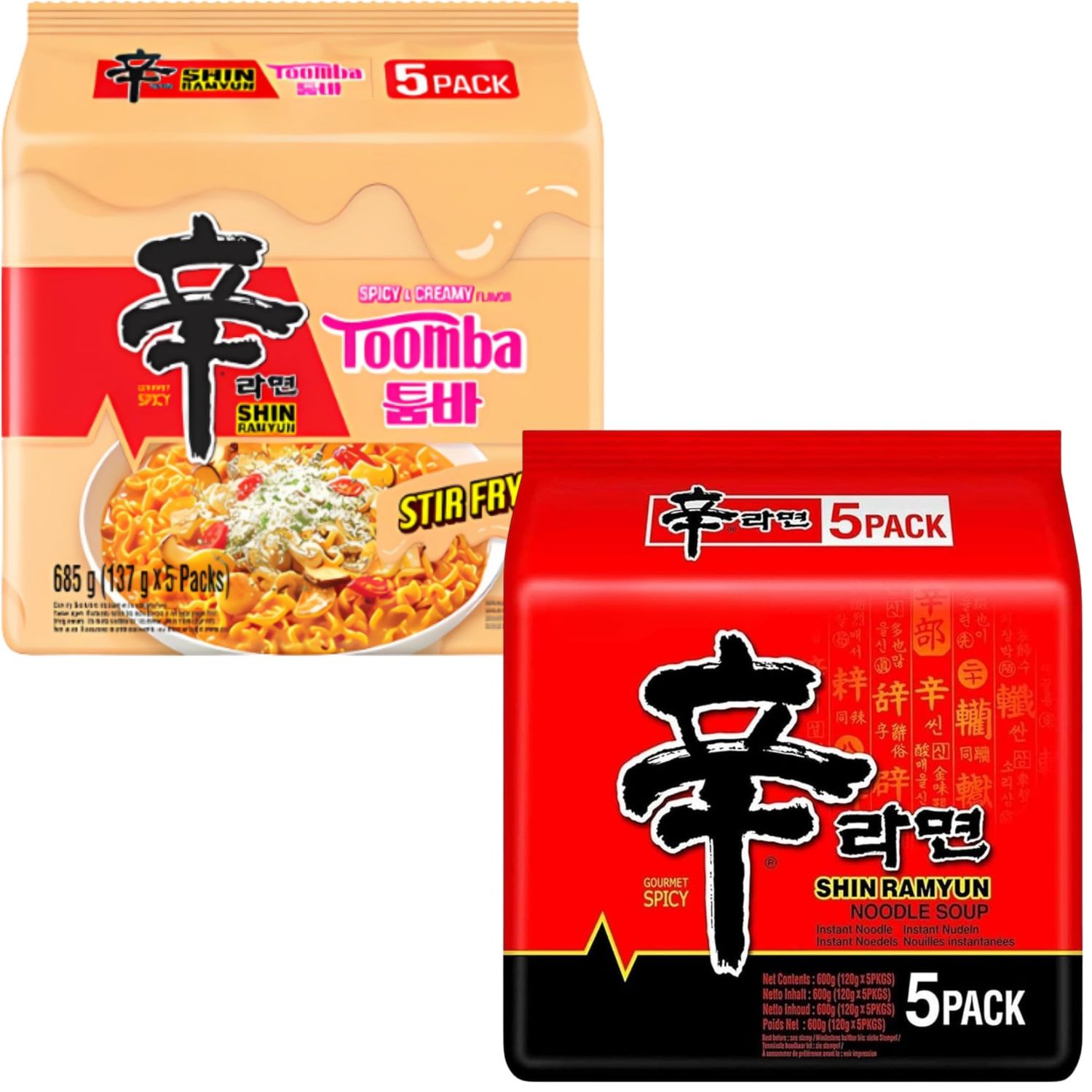 Nongshim Shin Ramyun Korean Noodles Variety Pack of 2 Flavours (10 Packs Total) - Super Spicy &amp; Toomba Creamy Stir-Fry Ramen - Instant Korean Ramen Noodle Multipack for Quick Meals &amp; Snacks