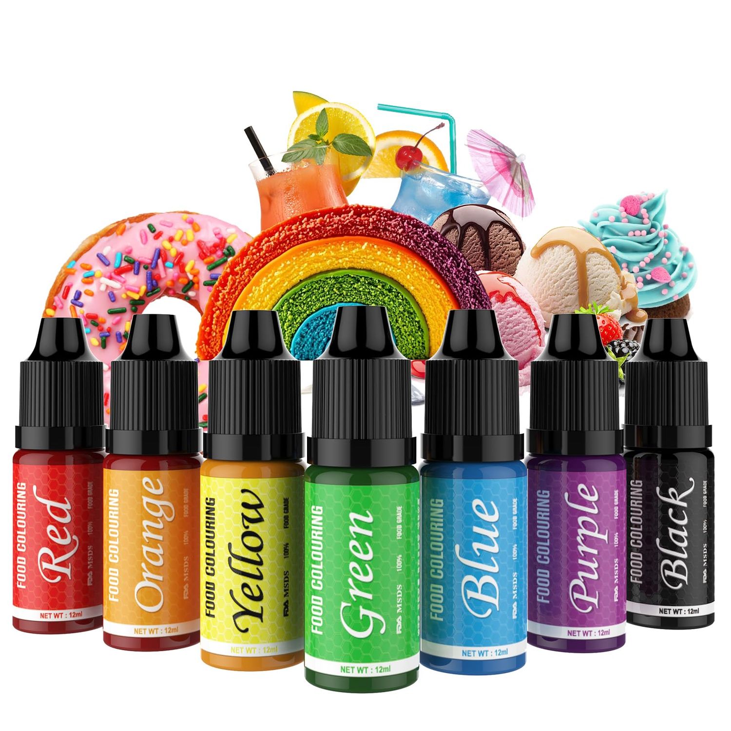 Food Colouring - 7 Colours x 12ml Food Colours Set for Cakes Baking, Biscuits, Macaroon - Highly Concentrated Food Colouring for Fondant,Icing,Slime Making DIY Supplies Kit(Mixed, 84ml)