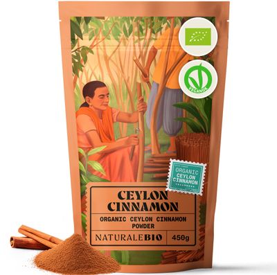 NaturaleBio Organic Ceylon Cinnamon Powder 450g. Low Coumarin. Premium True Cinnamon Rich Aromatic Spice. Natural antioxidant Anti-inflammatory. Aids Digestion, boosts Immunity and Promotes Wellness.