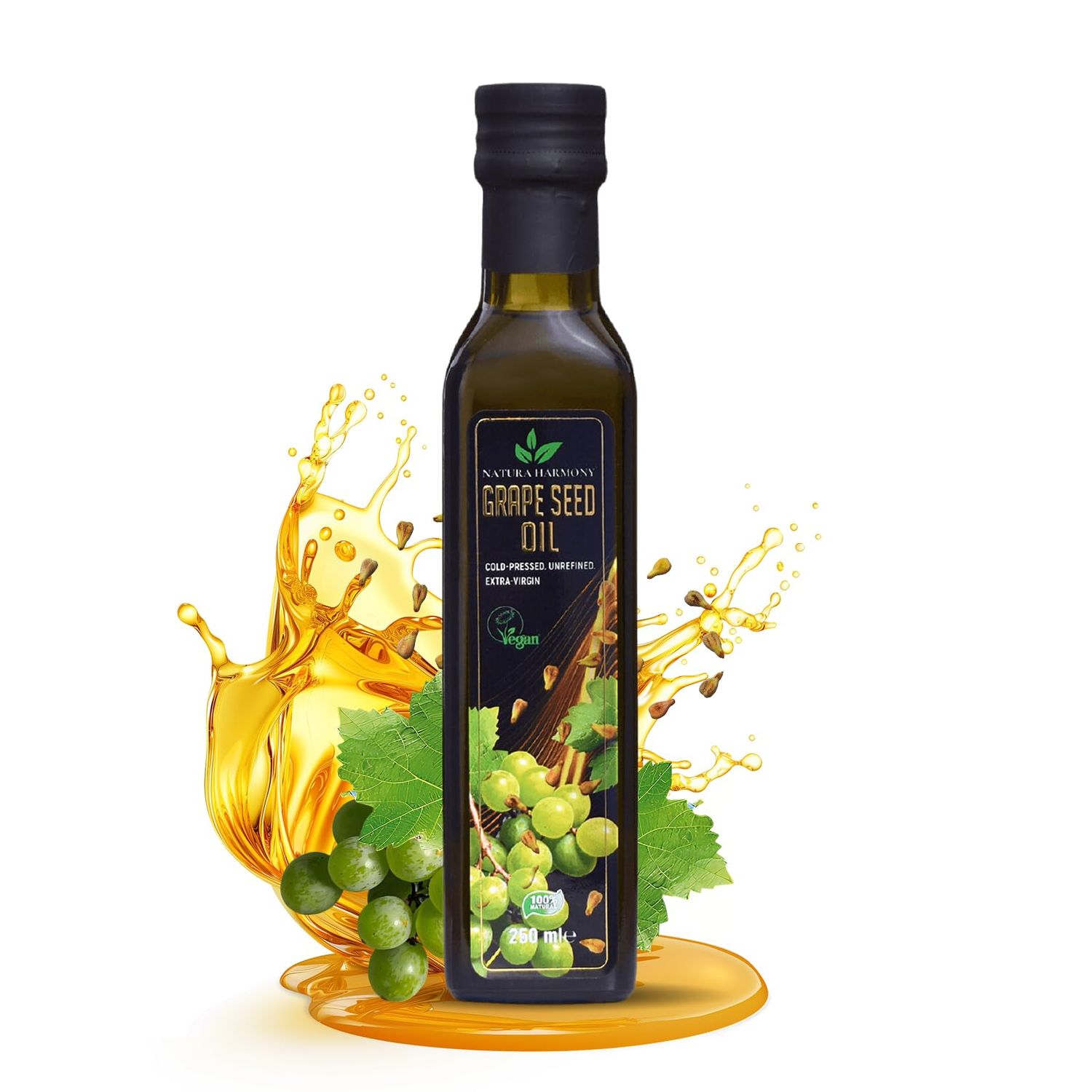 Natura Harmony Grape Seed Oil 250ml Cold-Pressed Unrefined Edible Oil Neutral Flavour for Salads &amp; Cooking Rich in Linoleic Acid &amp; Vitamin E High Smoke Point Vegan