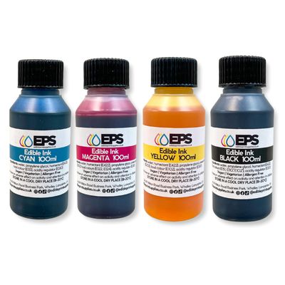 EPS Edible Ink for Canon & Epson Edible Printer - Bottled Refills (4 x 100ml) - Full Set of Bottled Edible Inks in Black, Cyan, Magenta and Yellow for CMYK Inkjet Edible Printers EPS Edible Ink for Canon & Epson Edible Printer - Bottled Refills (4 x 100ml) - Full Set of Bottled Edible Inks in Black, Cyan, Magenta and Yellow for CMYK Inkjet Edible Printers