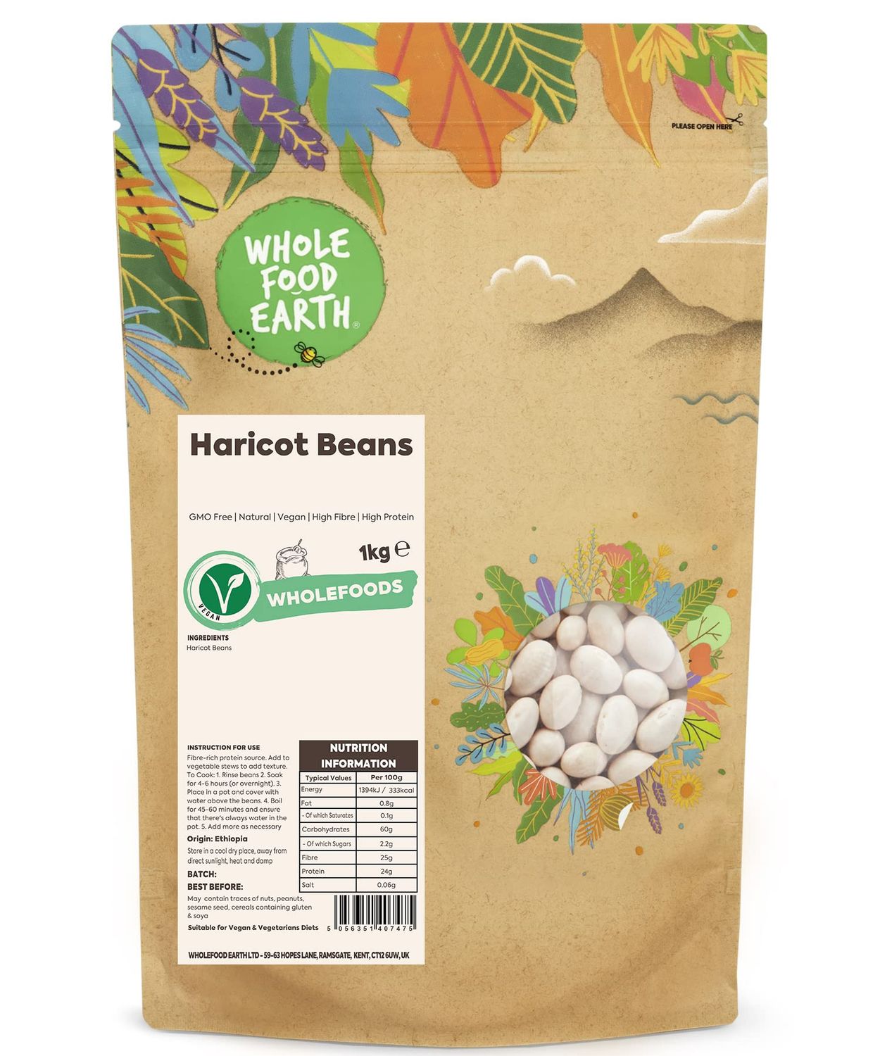 Wholefood Earth Haricot Beans 1 kg GMO Free Natural High Fibre High Protein