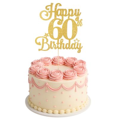 ZEYIYER 60th Cake Toppers for Women, Gold Happy 60th Birthday Cake Decorations, Sixty Years Old Birthday Cakes Pick for Men, Party Supplies