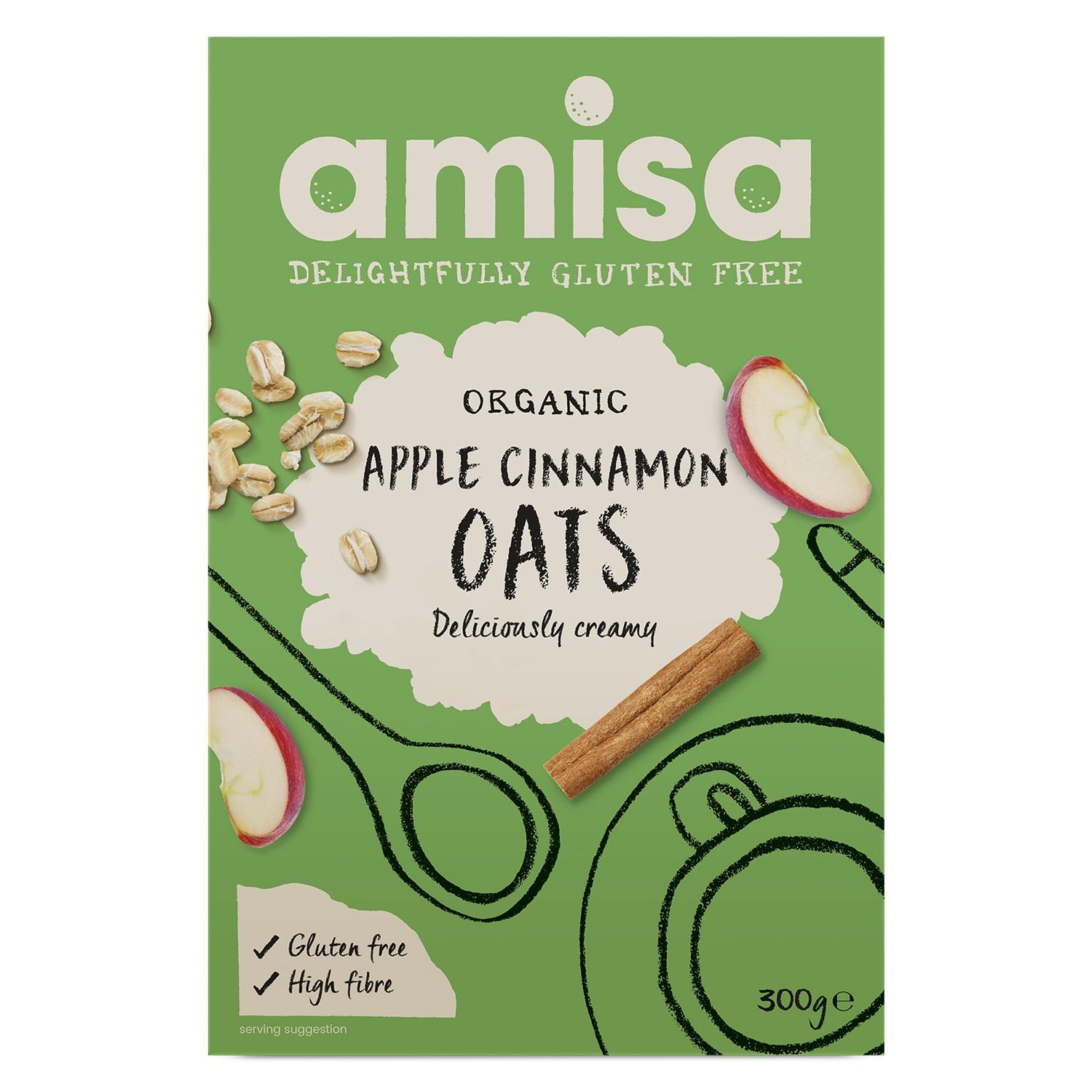 Amisa Organic Gluten-Free Pure Porridge Oats Apple &amp; Cinnamon, 300g - High in Fibre &amp; Gluten Free - The Perfect Breakfast Cereal