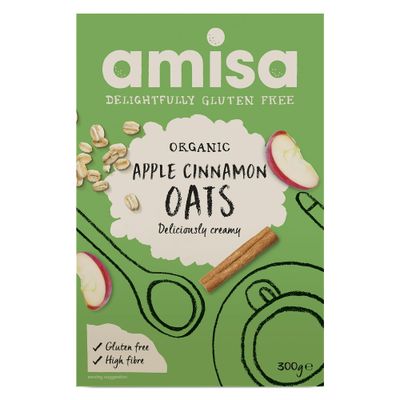 Amisa Organic Gluten-Free Pure Porridge Oats Apple &amp; Cinnamon, 300g - High in Fibre &amp; Gluten Free - The Perfect Breakfast Cereal