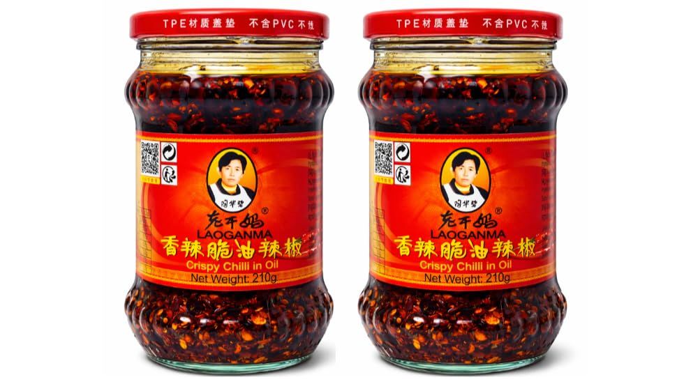 Lao Gan Ma Crispy Chilli Oil 210g (Pack of 2) - Laoganma Spicy Chilli Crisp Hot Sauce Jar - Savoury Crunchy Texture Authentic Chinese Umami Condiment for Noodles, Rice, Stir-Fries and dips