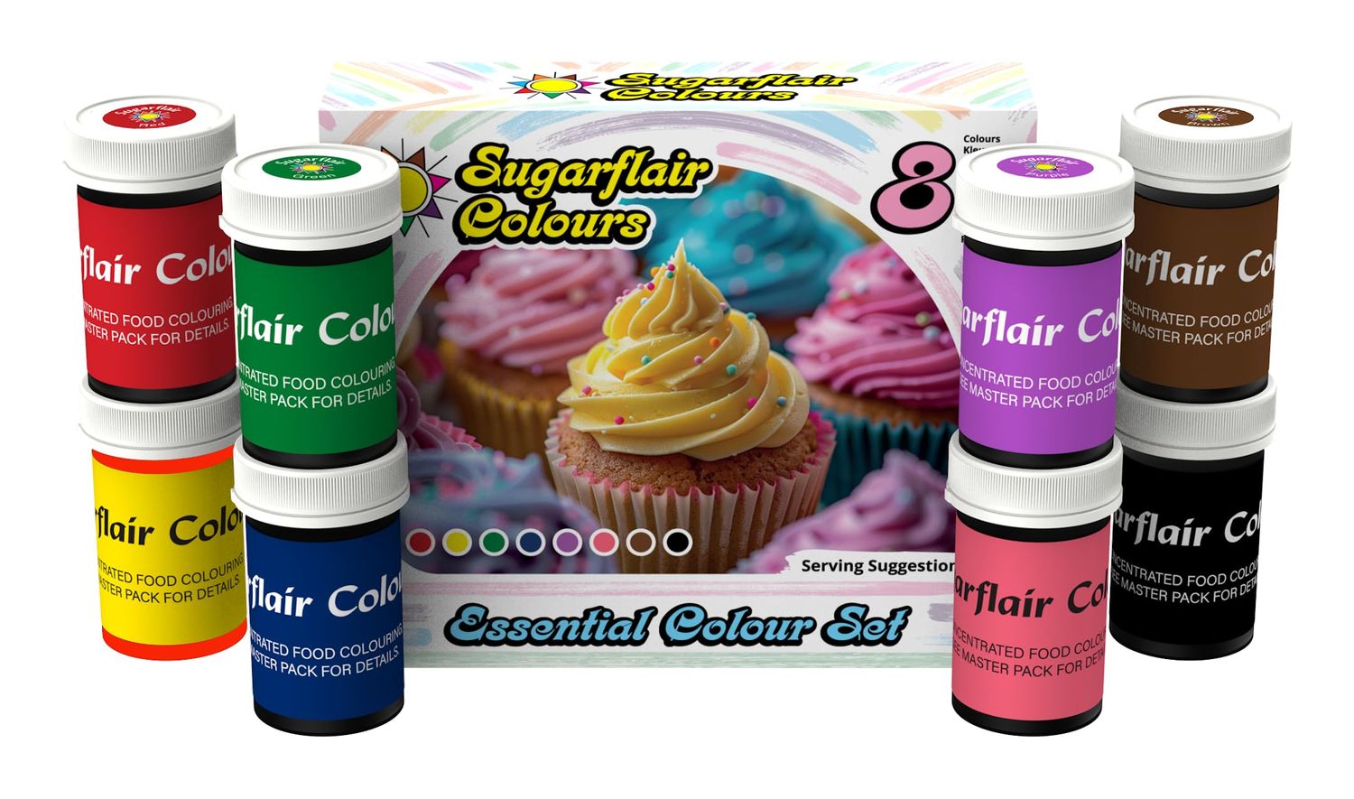 Sugarflair Essentials Food Colouring Paste Set 8x 25g - Vibrant Concentrated Paste for Cake Decorating, Sugar Paste, Buttercream, Royal Icing, Macarons - Bake-Stable, Vegan, Kosher