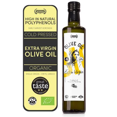 Apsogo Organic Extra Virgin Olive Oil - Greek High Polyphenols EVOO from Crete (500ml) - Cold Pressed, Early Harvest, Premium Quality, Certified Organic