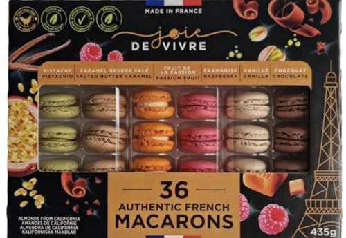 MACARONS 36 Authentic French Recipe 6 Flavors Pistachio, Chocolate, Vanilla, Raspberry, Passion Fruit, Salted butter Caramel Made in France NATURAL 435g