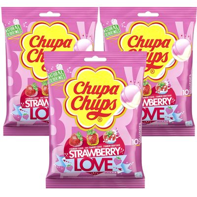 Chupa Chups Strawberry Love Lollipops Bulk Sweets for Party Bags, 3 Assorted Flavour Lollies Sweet Bulk, Pink Lollypops Mix for Sweet Sharing, Chupa Chup Party Sweet Lolly, 3x10 pack + Cheeroo Magnet