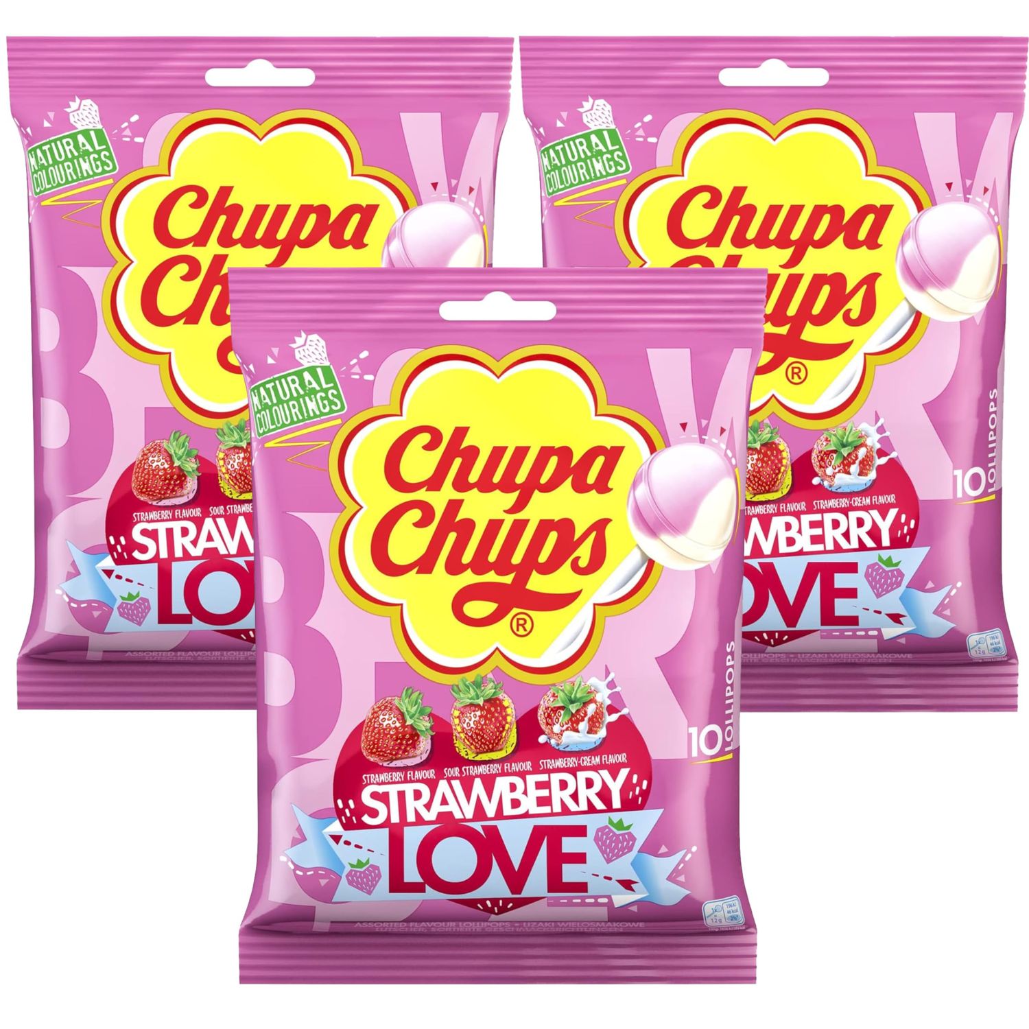 Chupa Chups Strawberry Love Lollipops Bulk Sweets for Party Bags, 3 Assorted Flavour Lollies Sweet Bulk, Pink Lollypops Mix for Sweet Sharing, Chupa Chup Party Sweet Lolly, 3x10 pack + Cheeroo Magnet